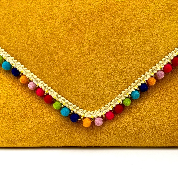 EXUMA / ANTHRO Leather Convertible Envelope Clutch - Yellow w Colorful Mini Poms - Picture 3 of 6